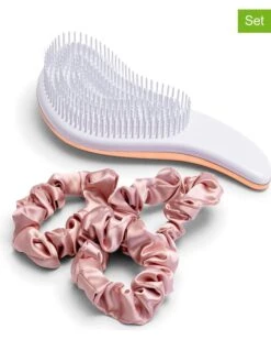 4tlg. Haar-Set "Hair Detangler Brush/ Satin Scrunchies" In Roségold/ Rosa